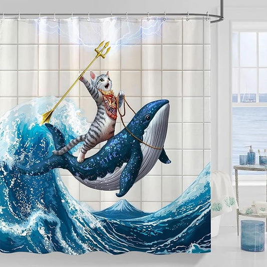 Yeoiat Cat Shower Curtain Ocean Funny Shower Curtain Whale Shower Curtains for Bathroom Fun Shower Curtain Set with 12 Hooks Whale04 72×72 Inches