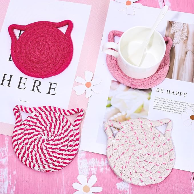 Whaline Cat Ears Coaster Set Hot Pink Handmade Braided Cotton Coasters Non-Slip Absorbent Drink Coasters with Holder for Graduation Birthday Housewarming Gifts Home Decor, 4Pcs