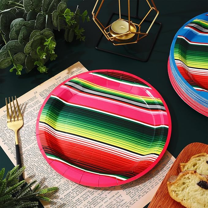 Whaline 40Pcs Mexican Fiesta Paper Plate Mexico Stripe Disposable Plate Cinco De Mayo Dinnerware Plates 9 Inch for Party Supplies Table Decor