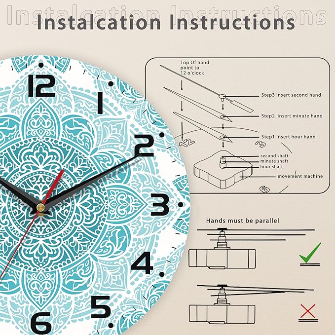 Teal Mandala Flower Wall Clock, Silent Non-Ticking, Battery Operated, Wooden Decorative Round Clock with Arabic Numerals, 10 Inch