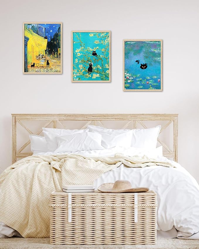UPWOIGH Beige Oak Wood Yellow Framed Wall Art,3 Black Cats at Vincent Van Gogh's Cafe Terrace at Night,12"x16"Impressionist Painting,French Cityscape Print,Funny animals Art for Bedroom Bathroom,Gifts
