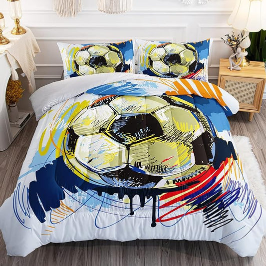 BSNTHO Soccer Comforter Set Boys Sports Bedding Set Queen Size for Kids Teens Hand Drawn Football Graffiti Style Comforter Design 3 Piece with 1 Comforter 2 Pillowcases
