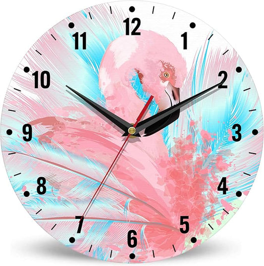 SPUNKER Wall Clocks,Pink Flamingo 10 Inch Wall Clock,Abstract Blue Feathers Small Battery Operated Wall Clocks Decorative for Kitchen/Living Room/Bedroom/Bathroom/Dining Room