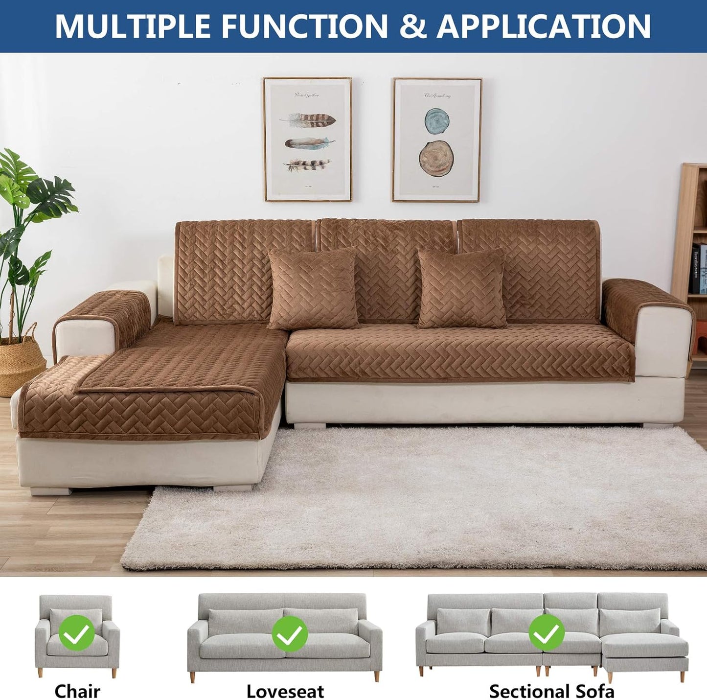 Eismodra Couch Cover,Sectional Couch Covers,Sofa Covers for 3 Cushion Couch,Anti-Slip Sofa Slipcovers for Dogs Cats Kids Loveseat Recliner L Shaped Armrest Backrest,Brown 43''x94''(Only 1 Piece)