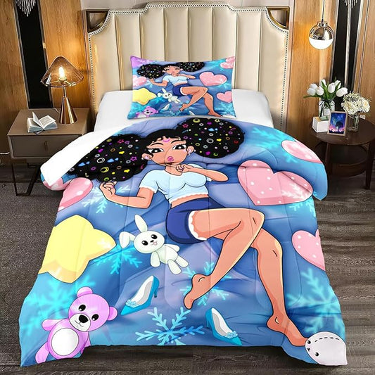 Black Girl Comforter Set - Twin Comforter Set for Girls - African American Comforter Sets for Girls Kids Comforter Sets 2 Piece Blue Pretty Girl with Love Prints Bedding with 1 Pillowcase