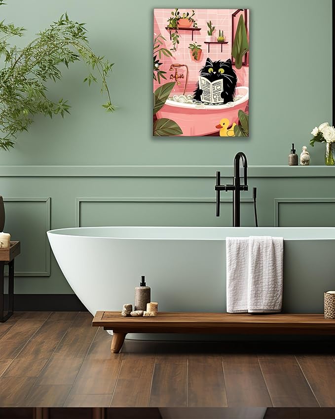 UPWOIGH Bathroom Wall Art Decor, Black Cat Reading the Newspaper Wall Art, Waterproof Wood Framed Canvas Wall Art Animals Abstract Prints, 12"x16" High-end Pictures for Dormitory Kids Room