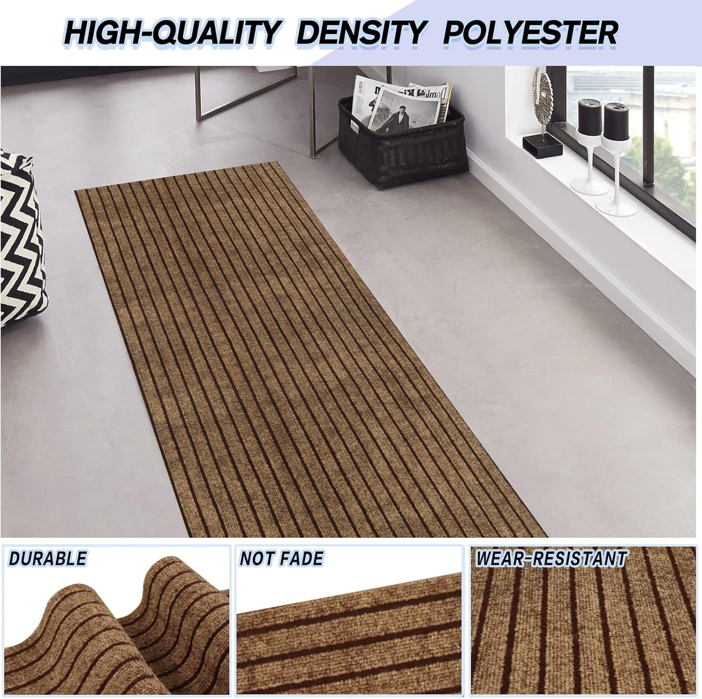 Custom Size Backed Non-Slip Area Rugs Runner, Easy Clean, Waterproof Runner Rugs for Hallway Entryway, Kitchen, Laundry, 4FT x 68FT, Brown Stripe