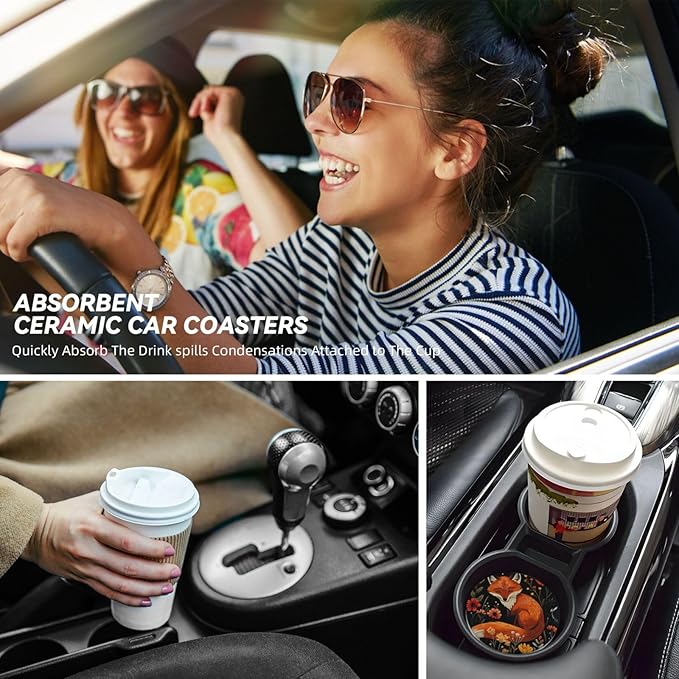 Absorbent Ceramic Car Coasters for Cup Holders, Fox Flower Design 2.56" Anti Slip Universal Drink Cup Coasters for Women Men (2 Pack)