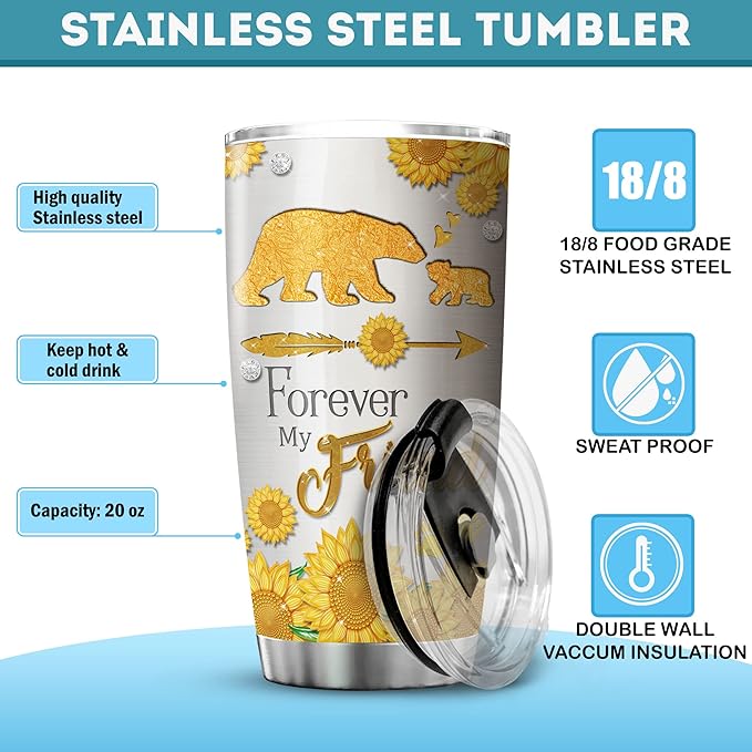 ZOXIX Sunflower Mama Bear Tumbler With Lid Jewelry Style Gift For Mom From Daughter Always My Mother Forever My Friend Stainless Steel Coffee Travel Cup 20oz Mommy Mothers Day Mug