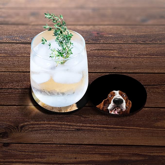 WIRESTER, Cute Basset Hound Dog, Winking Golden Retriever Dog Design Absorbent ROUND Fabric Felt Neoprene Car Coasters for Drinks (2.87 inches), 2pcs Set