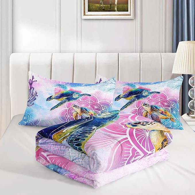 Watercolor Turtle Comforter Bedding Set for Kids Teens,Pink and Blue Ocean Themed Sea Pattern Microfiber Comforter with 2 Pillowcases(Watercolor Turtle Queen)