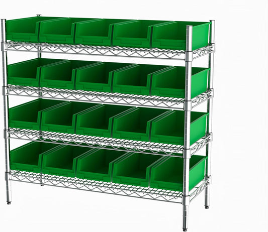 Hudson Exchange 36x14x33, 4-Tier (20 Bins Included), Industrial Wire Shelving Unit with Storage Shelf Bins, Chrome Rack (Green)