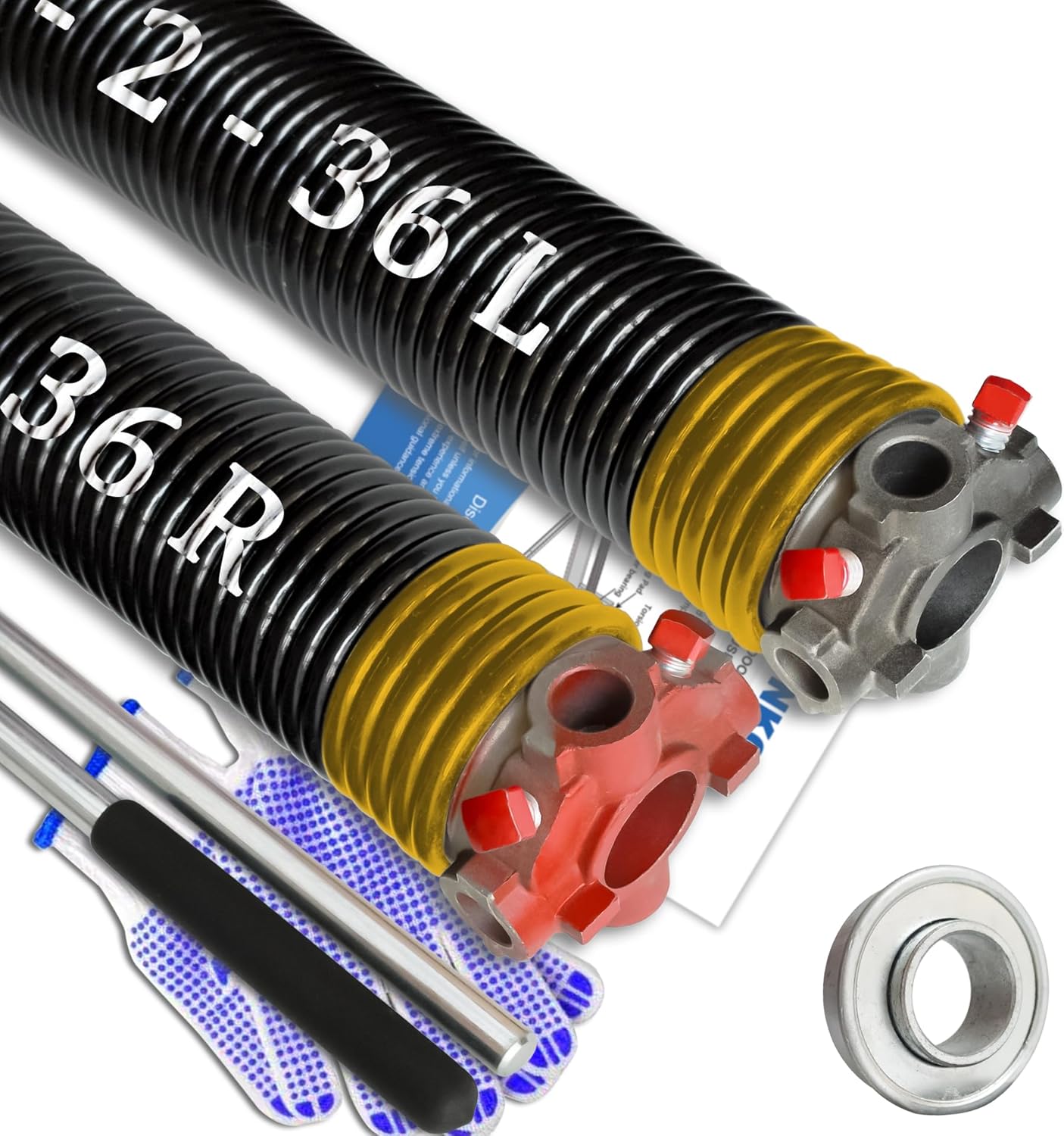 Garage Door Torsion Springs Set, Pair of 2" ID Electrophoresis Coated Garage Door Spring Replacement with 2 Non-Slip Winding Bars and Bearing, Minimum 18000 Cycles (.250x2x36)