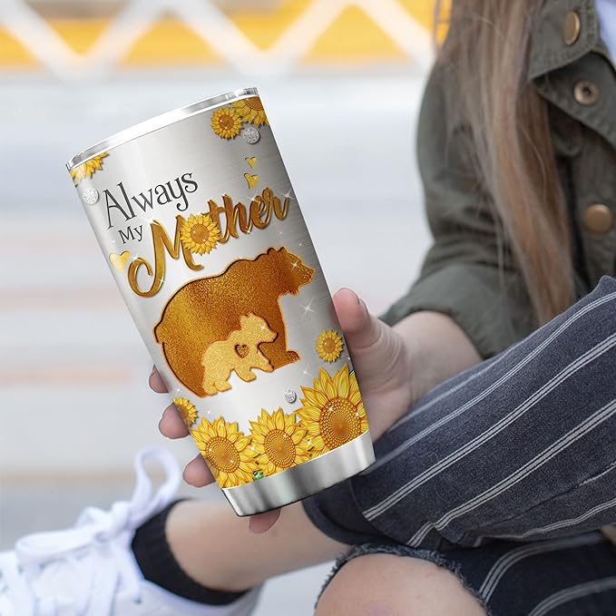 ZOXIX Sunflower Mama Bear Tumbler With Lid Jewelry Style Gift For Mom From Daughter Always My Mother Forever My Friend Stainless Steel Coffee Travel Cup 20oz Mommy Mothers Day Mug