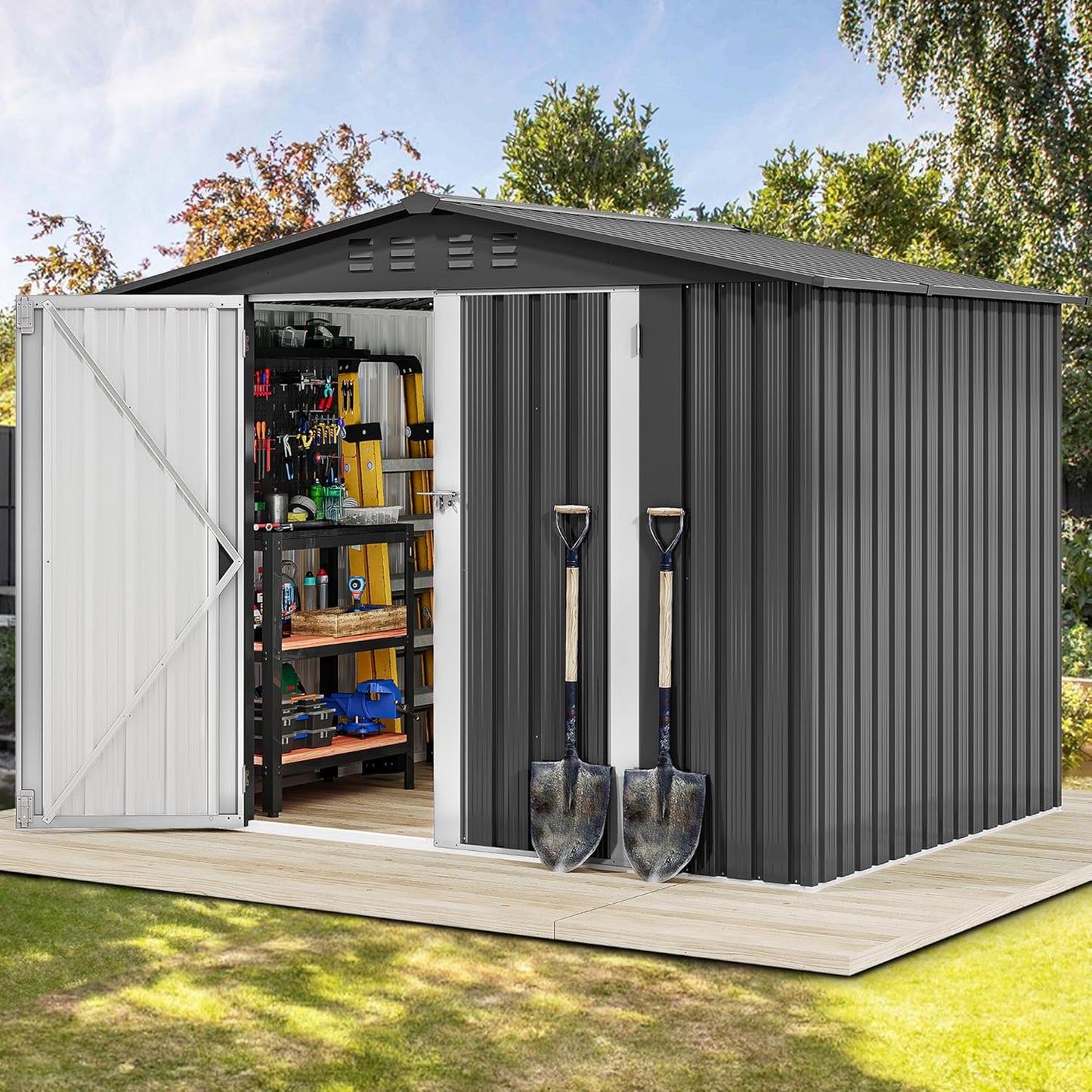 DWVO 8x6FT Outdoor Storage Shelter, Roomy Steel Tool Shed with Secure Entrances & Air Circulation for Patio, Lawn, and Backyard, Ideal for Storing Garden Gear, Lawn Tools, and Bikes, Dark Gray