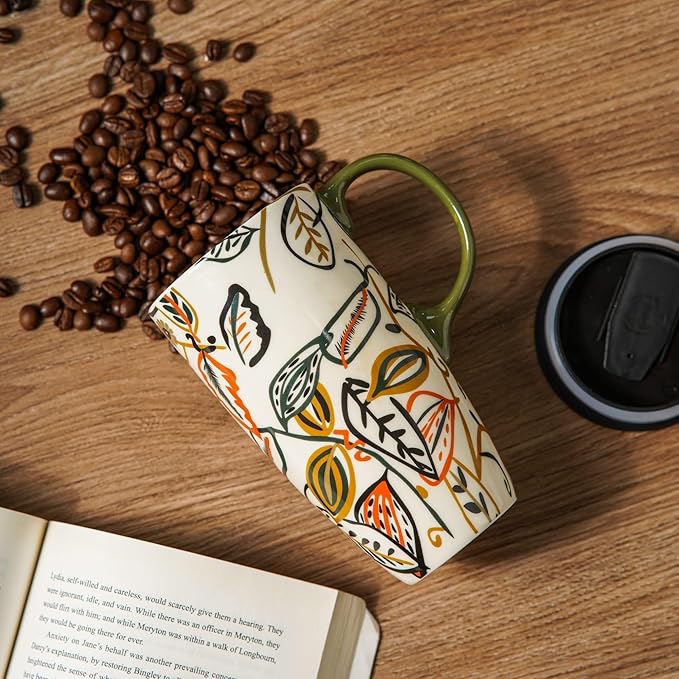 Topadorn Ceramic Coffee Mug Travel Cup with Lid Latte Mug,17oz.Leaves, Father's Day Gift