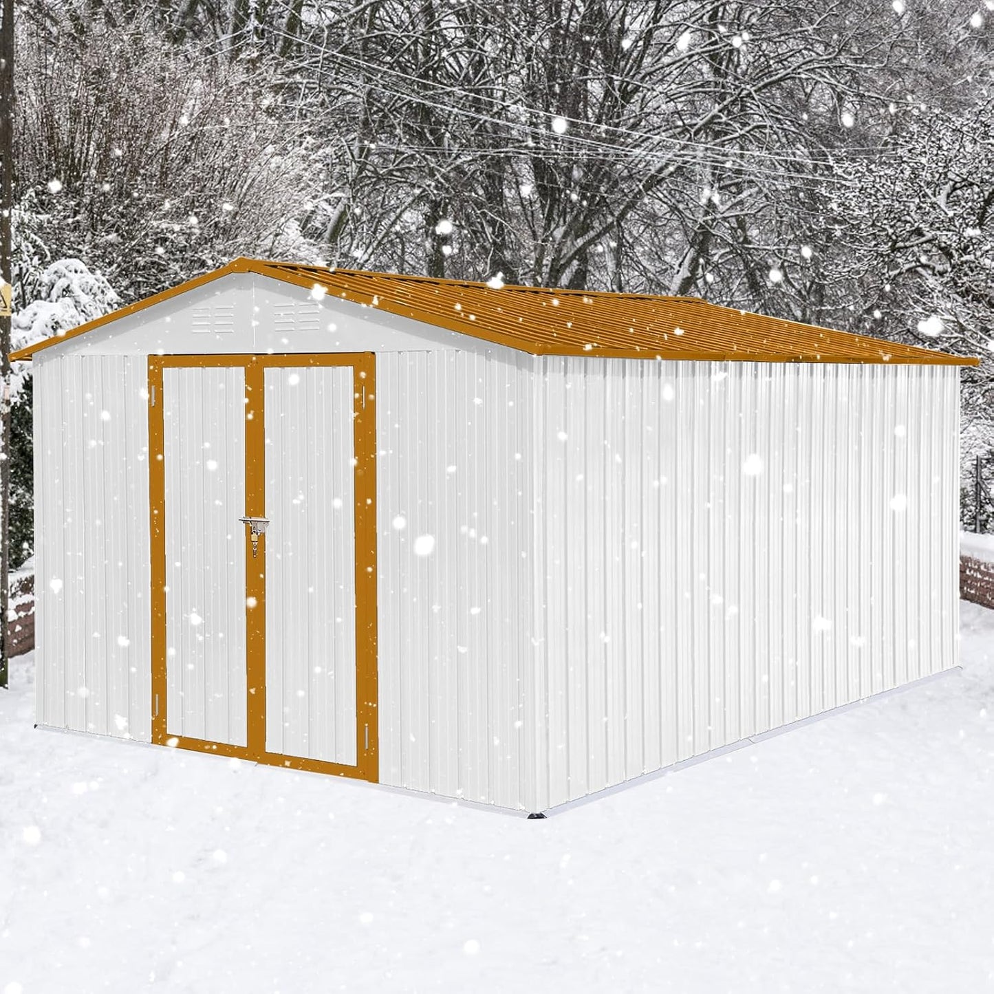 12 x 10 FT Metal Garden Shed, Outdoor Storage Shed with Heavy-Duty Steel Construction, Built-in Punched Vents & Hinged Door, Free Padlock for Secure Backyard, Patio & Garage Storage, White + Yellow