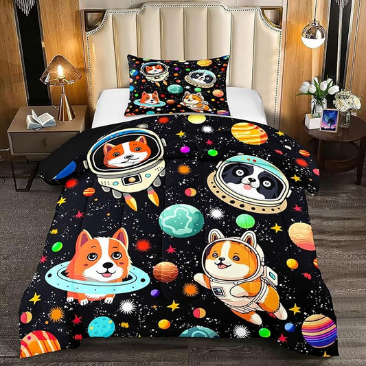 Space Dog Comforter Set - Cute Dog Twin Bedding Set for Kids Girls Boys Cartoon Dog Astronaut Prints Comforter Set Funny Outer Space Dog Bedding Sets for Kids Room Decor, 1 Comforter+1 Pillowcase