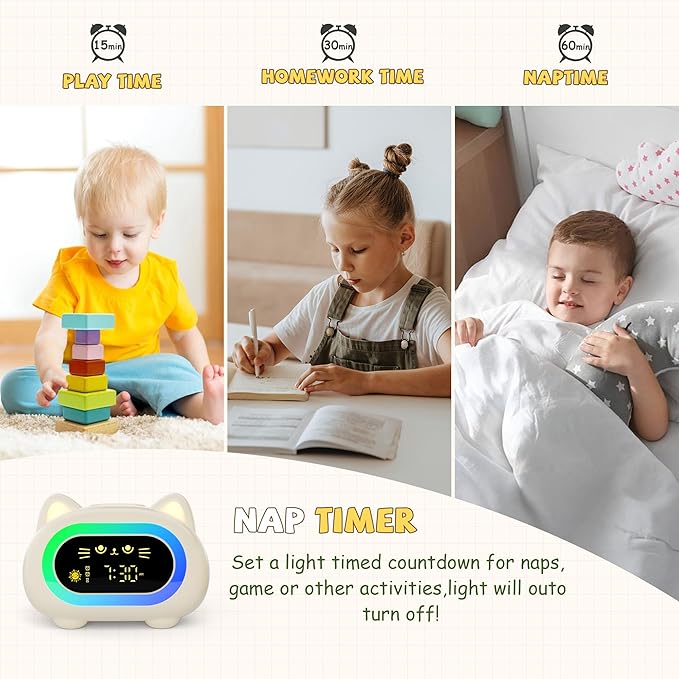 winshine Kids Alarm Clock, Ok to Wake Clock for Kids, Toddler Sleep Training Clock with Eye Protection, 10 Night Lights, Dual Alarms, Child Lock, Snooze, Timer - Cute Cat Clock for Girls and Boys