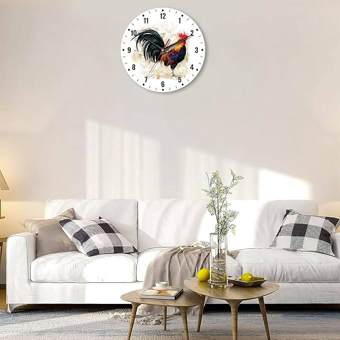 SPUNKER Wall Clock,Rooster Wall Clocks for Living Room Decor,Farm Animal Watercolor Kitchen Clocks Wall Battery Operated - 10 Inch Round Bathroom Wall Clock Silent Non-Ticking