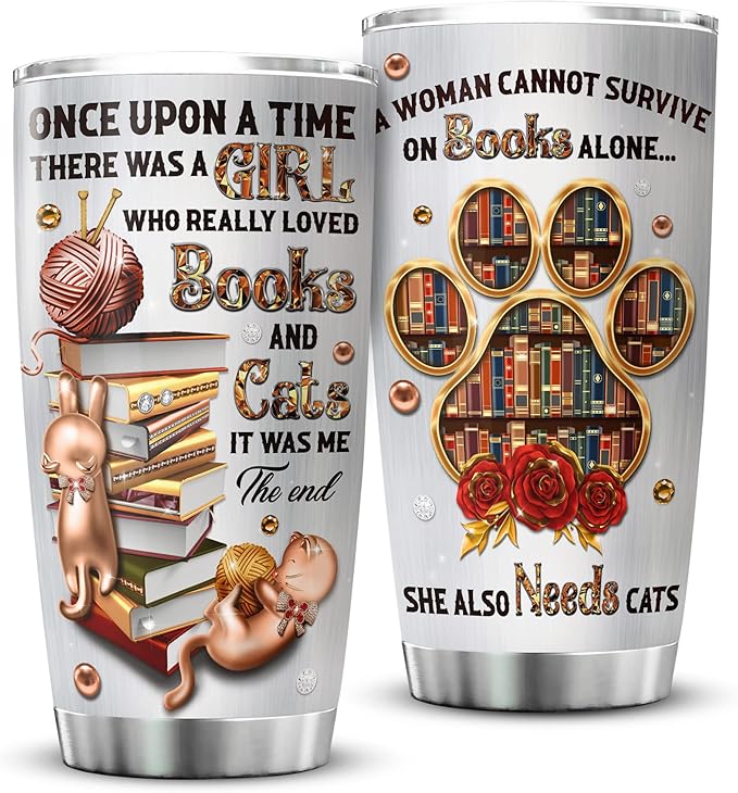 ZOXIX Stainless Steel Cat Lover's Tumbler, 20 oz, Insulated Coffee Mug with Lid, Bookish Reading Gift for Girls