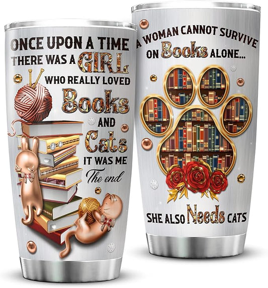 ZOXIX Stainless Steel Cat Lover's Tumbler, 20 oz, Insulated Coffee Mug with Lid, Bookish Reading Gift for Girls