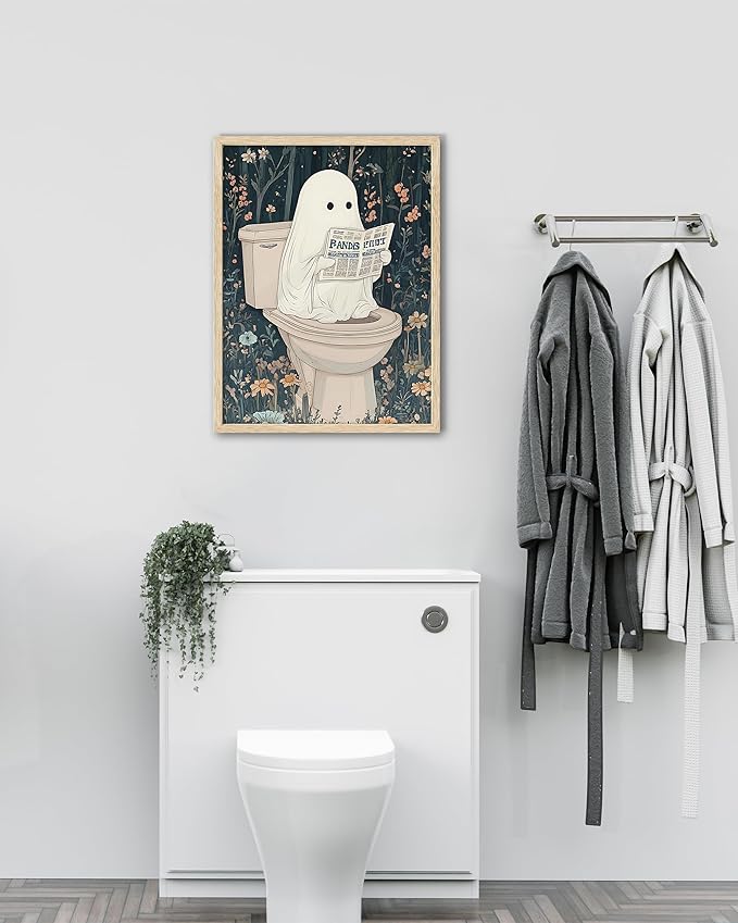UPWOIGH Beige OAK Framed Ghost Wall Decor- Halloween Wall Art Prints, Halloween Posters Decor, 12" x 16" Cute Ghost Decor, Aesthetic Pictures Wall Decor for Bathroom Bedroom,1 Pack