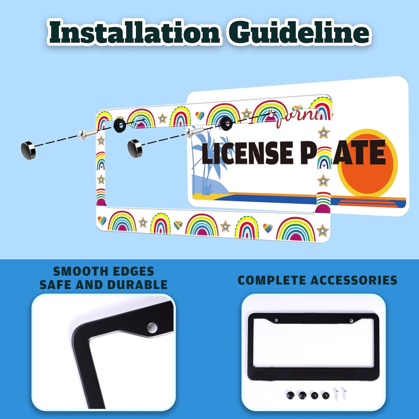 Gay Rainbow License Plate Frame Pride License Plate Holder Cartoon for Front or Rear Car Tags Stainless Steel Funny Car Decoration with Screws 6.3 X 12.2 in