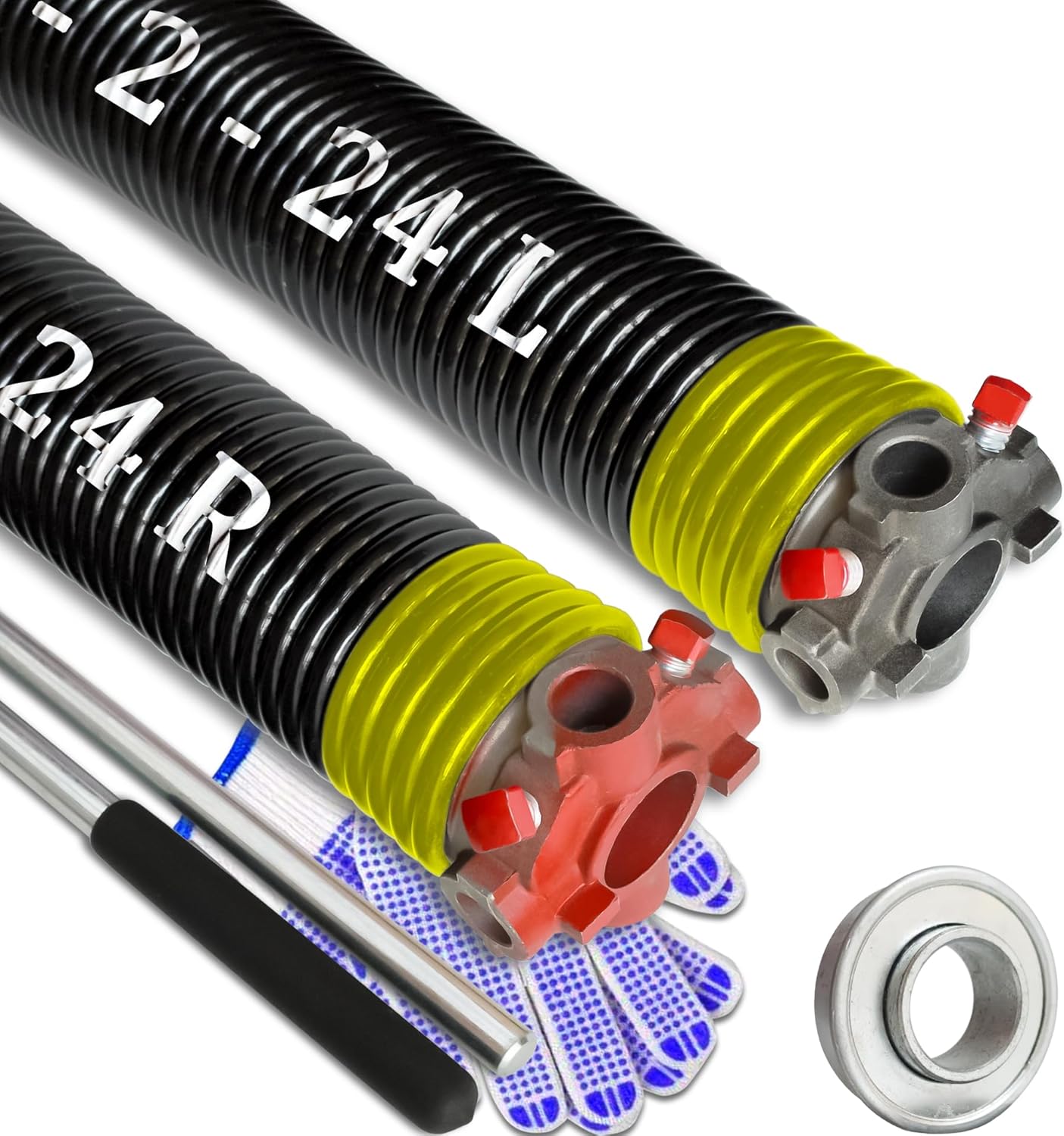 Garage Door Torsion Spring Set, Pair of 2" Electrophoresis Coated Garage Door Springs Replacement with 2 Non-Slip Winding Bars and Bearing, Minimum 16000 Cycles (.207x2x24)