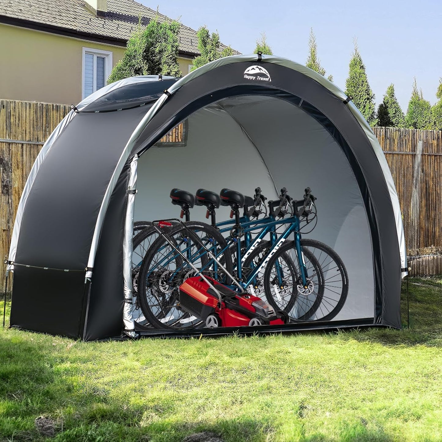 Happy Travel Bike Storage Tent Shed, Outdoor Waterproof Bicycle Covers Shelter with Window for 2/4/6/8 Bikes,Oversized Outside Portable Sheds for Lawn Mower,Garden Tools (Black)
