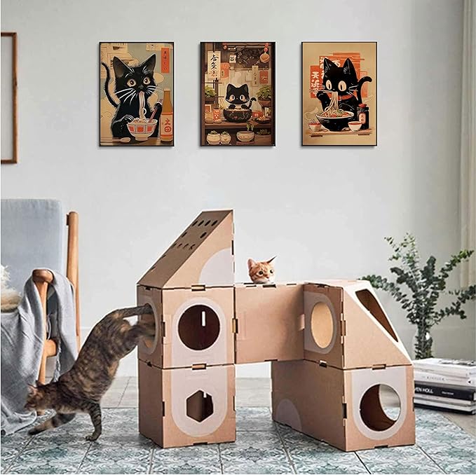 3pcs Funny Japanese Black Cat Canvas Wall Art Vintage Animal Posters Prints Edo Period Ramen Cat Pictures Japan Quirky Cat Painting Kitchen Dining Wall Decor Animal Lover Gift 16x24in Unframed