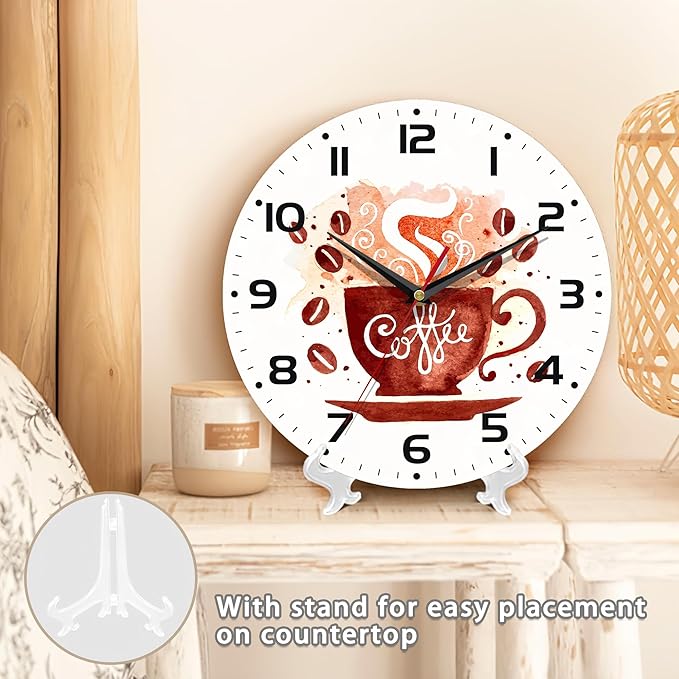 Watercolor Coffee Cup Wall Clock - Vintage Wooden Battery Operated Non-Ticking 10 Inch Silent Art for Living Room, Bedroom, Kitchen - Home Decor for Girls Kids