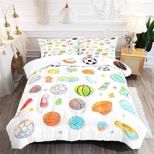 Sports Comforter Set Full Size Kids Cartoon Basketball Bedding Set Cartoon Games Football Comforter for Boys Teens Girls Colorful Tie Dye Bedroom Decor Toddler Cute Ball Gaming Quilt Set