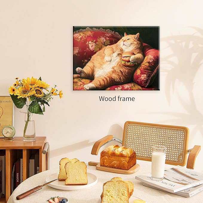Victorian Renaissance Canvas Poster Funny Fat Cat With Hamburger Wall Art Lying In Sofa Cute Cat Painting Wall Decor 24x36 inch Framed for Animal Lover Gift
