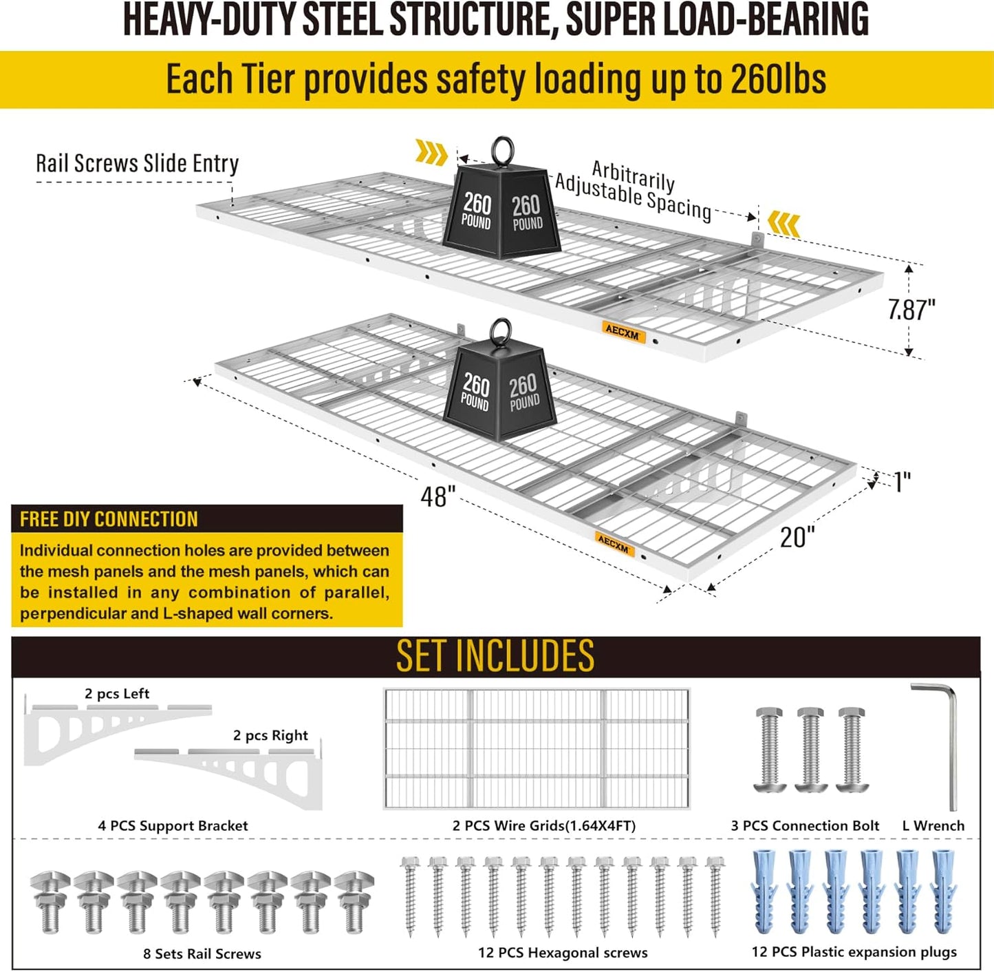 1.64x4ft 2Pack Wire Shelving Unit Heavy Duty Garage Storage Shelves Wall Mounted White 560lbs Load Capacity（20-inch-by-48-inch）