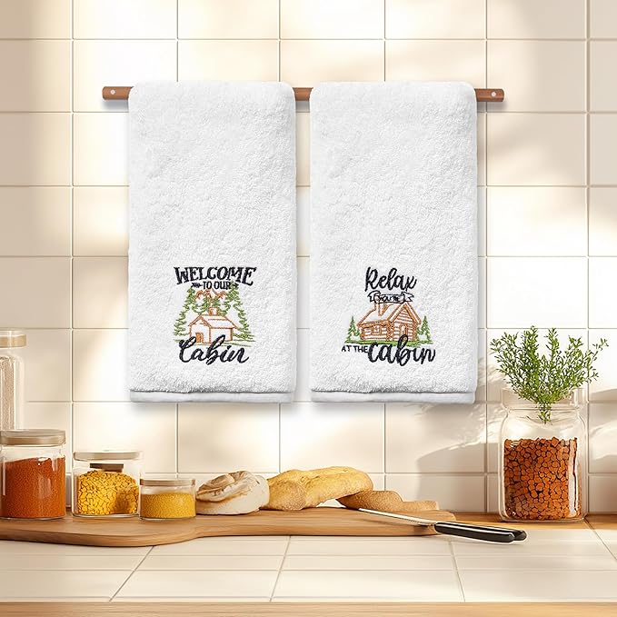 Cabin Hand Towels for Bathroom, Cabin Decor Embroidered Dish Towels, Log Cabin Decor Gifts Decorative New Home Bear Deer Tea Hand Towels, 100% Cotton Soft Towels for Kitchen 14x30 Inches