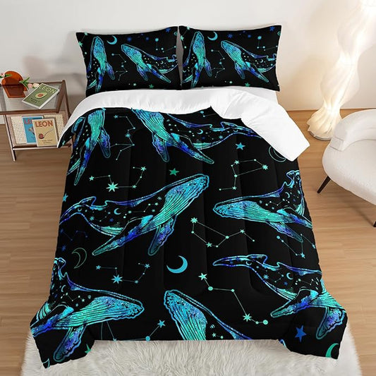 Whale Print Comforter Marine Life Bedding Set,Glowing Stars Moon Constellation Pattern Comforter Sets for Kids Boys Girls Room Decor,Cute Coastal Bedding Set Queen Size with 2 Pillowcases.