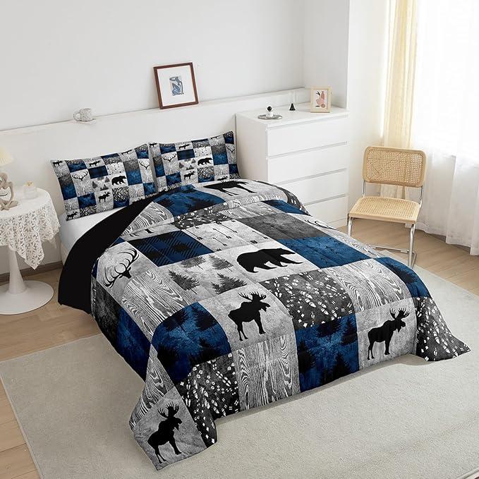 Bear Bedding Set Twin for Teens Boys,Buffalo Plaid Check Comforter Set Cabin Lodge Decor,Wild Animal Elk Antler Pattern Duvet Quilt Insert,Rustic Deer Patchwork Down Comforter 2pcs Blue Grey