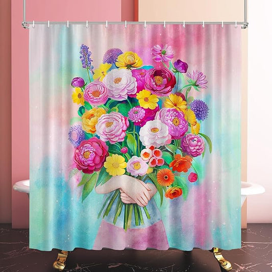 Vimorco Shower Curtain Pink Flower, Blue Bouquet Shower Curtains for Bathroom, Waterproof Quick-Dry Polyester Fabric Shower Curtain, Bathroom Curtains Set, Bath Curtain Decor, 72''x 72'', Floral