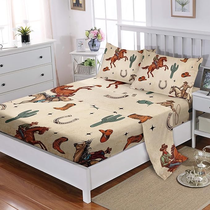 Western Cowboy Horse Sheet 4Pcs Queen Wrangler Cactus Bedding Set for Teen Girl Boy Adult Horseshoe Riding Boots Bed Decor Brown Vintage Sheet with 1 Flat Sheet and 1 Fitted Sheet+2 Pillowcases