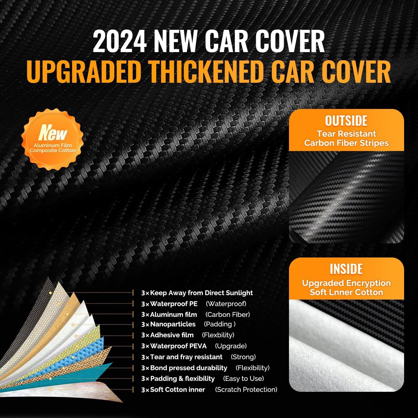 30 Layers Car Cover for Automobiles All Weather Waterproof, Outdoor Snowproof UV Protection Windproof, Door Zipper, Soft Cotton, Heavy Duty Universal Car Covers, (Black, Fit Sedans 171"-180")