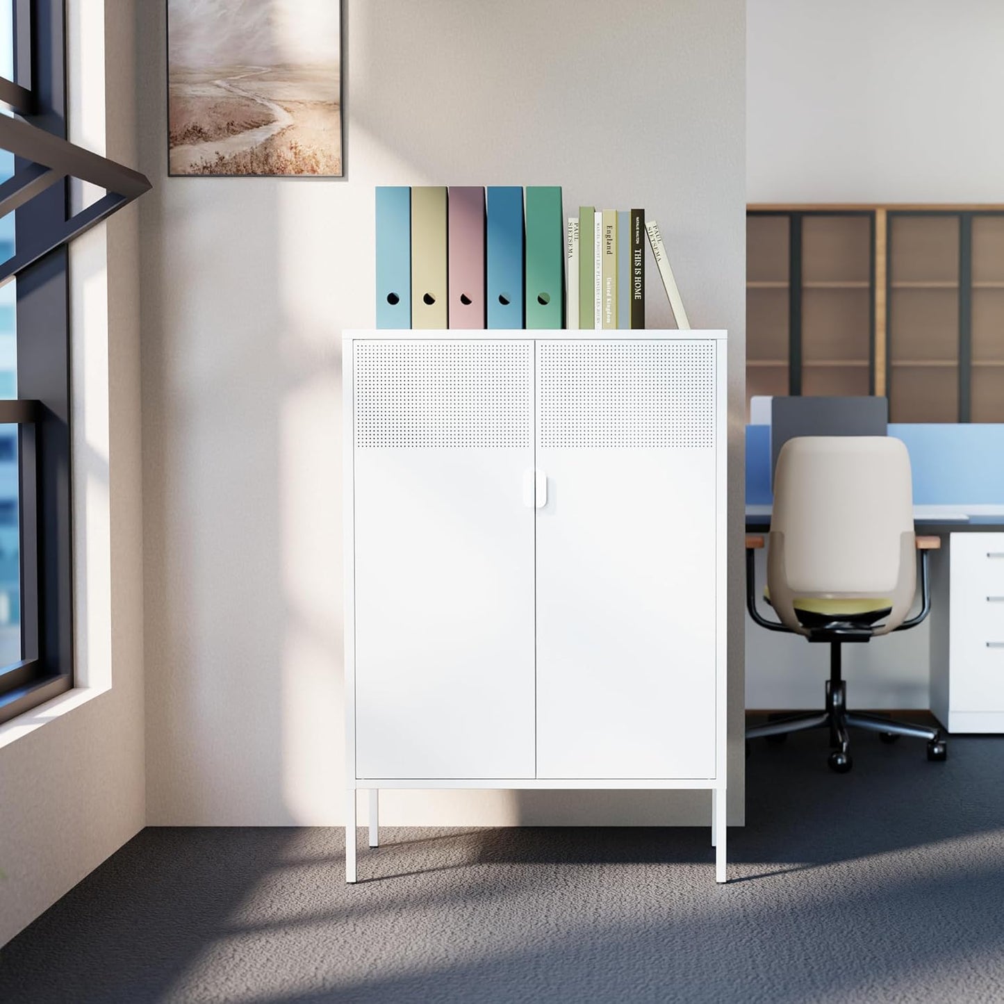 2 Mesh Door Metal Storage Cabinet with Adjustable Shelves, Multipurpose White Storage Cabinet, 3-Tier Office Cabinet,Metal Storage Cabinet for Office Home,Hallway (White, 47''H)