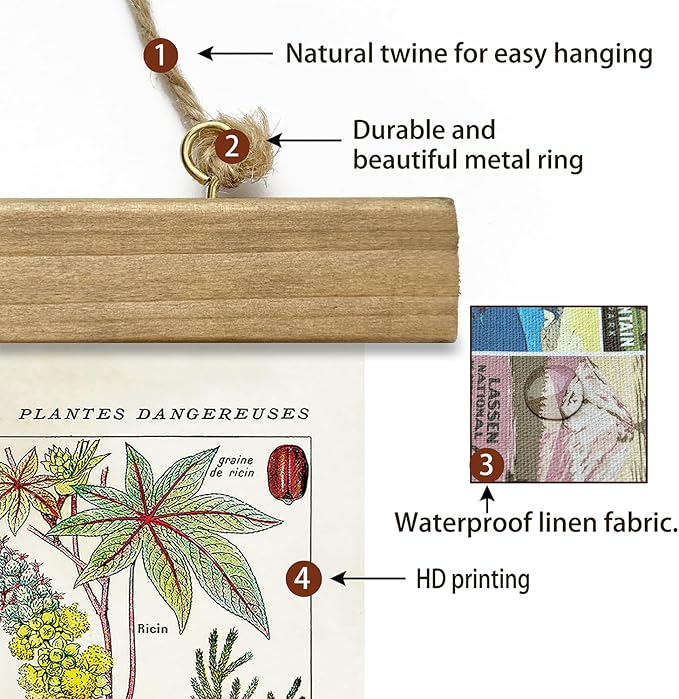 XIAOAIKA Vintage Botany Poster with Wooden Frame, Antique Poisonous Plants Chart - Botanical Educational Art with Dangerous Species - Retro-Style Wall Hanging for Home Classroom Decor 16 x 23 Inches