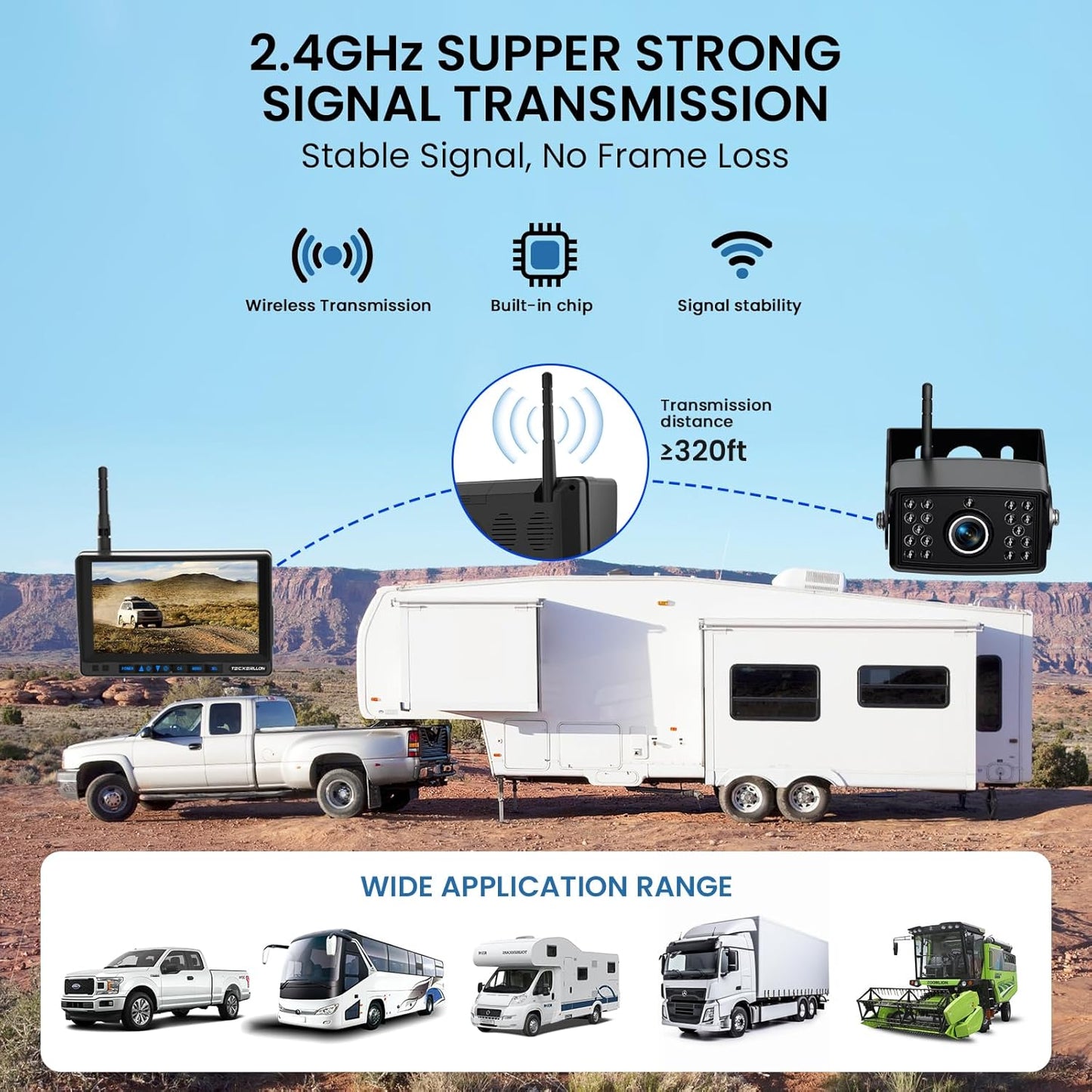 RV Backup Camera, 7'' 1080P Vehicle Backup Cameras with AI Detection, Waterproof Wireless Backup Camera with DVR Recording & Night Vision for Car, Van, SUV, Truck, Trailer