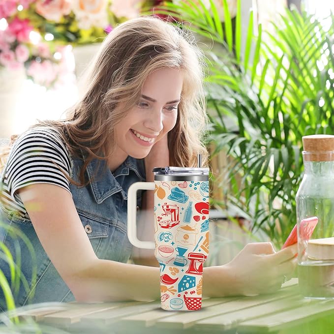 Western Food Tumbler 40oz, Funny Doodle Western Food Art Style Gifts for Women Girls, Abstract Retro Bread Design Gift for Her on Christmas Birthday Mothers Day, Foodie Gifts