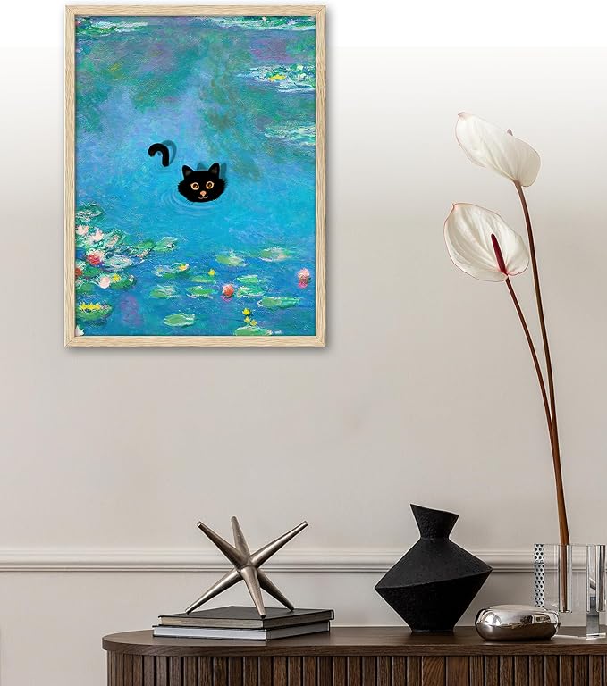 UPWOIGH Beige Oak Wood Blue Framed Wall Art, 12"x16" Monet Prints Vintage Canvas Wall Art, Funny Cat in Water Lilies Posters for Room Bedroom Living Room Bathroom Wall Decor Aesthetic,1Pack Gifts