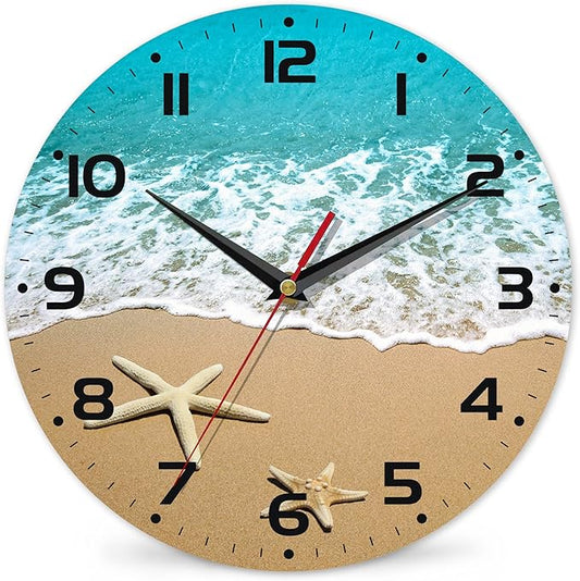 Starfish On A Beach Sand Wall Clock - Contemporary Home Decor, Easy to Read for Living Room, Bedroom, Bathroom and Kitchen, 10 Inch