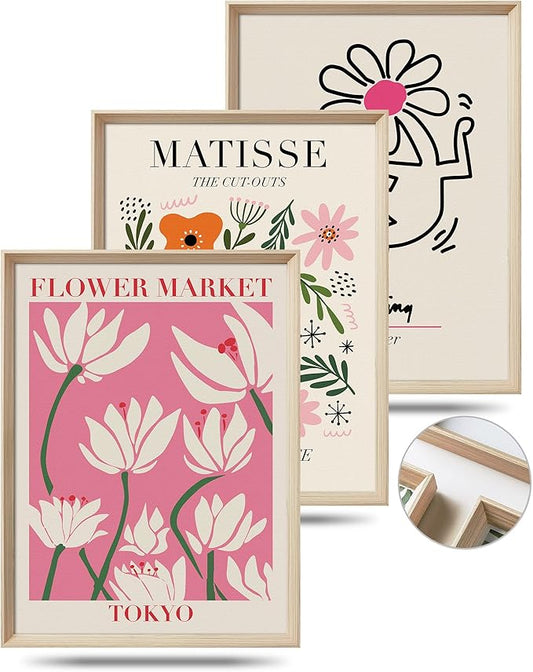 UPWOIGH Framed Wall Art，Abstract Henri Matisse Canvas Wall Art，12X16in Pink Beige Flower Market Wood Decor Prints Artworks，Minimalist Flower Market Wall Art Living Room Bedroom,Set of 3，Green,Pink