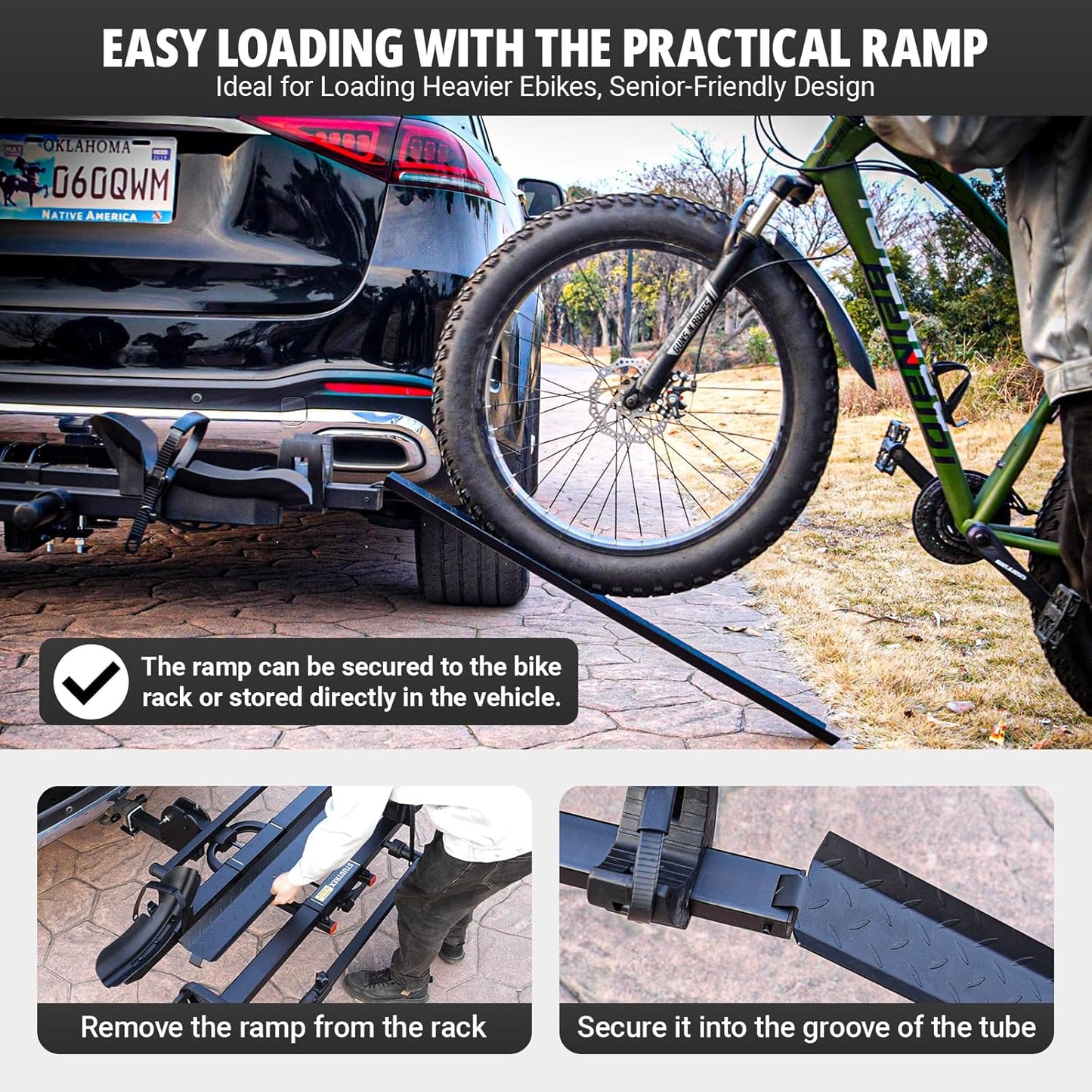 TRAILV2 Hitch Mount 2-Bike Rack with Bike Ramp - Tilt, Fold, Anti-Theft Hitch & Wheel Lock, 170lbs Capacity, 2-Inch Receiver, Up to 5.0" Fat Tire, Electric Bike Rack for Car, SUV, RV, Truck