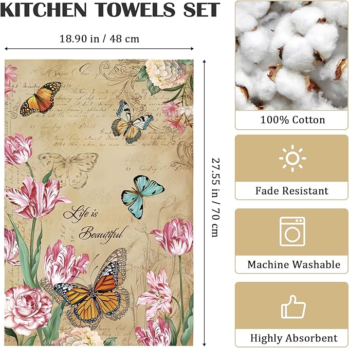 Vintage Butterfly Tea Towels, Cotton Kitchen Towel 18.9 × 27.5 inch, Quick Drying Dish Cloth for Party Anniversary Holiday Decoration Housewarming Gifts